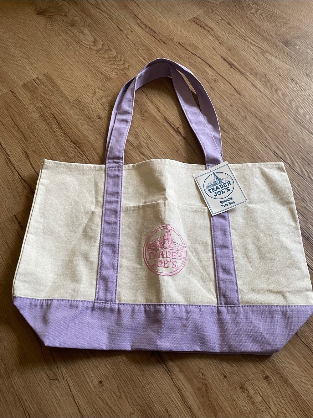 Trader Joe’s Stylish pastel purple and pink Classic Large Canvas Tote Bag NEW